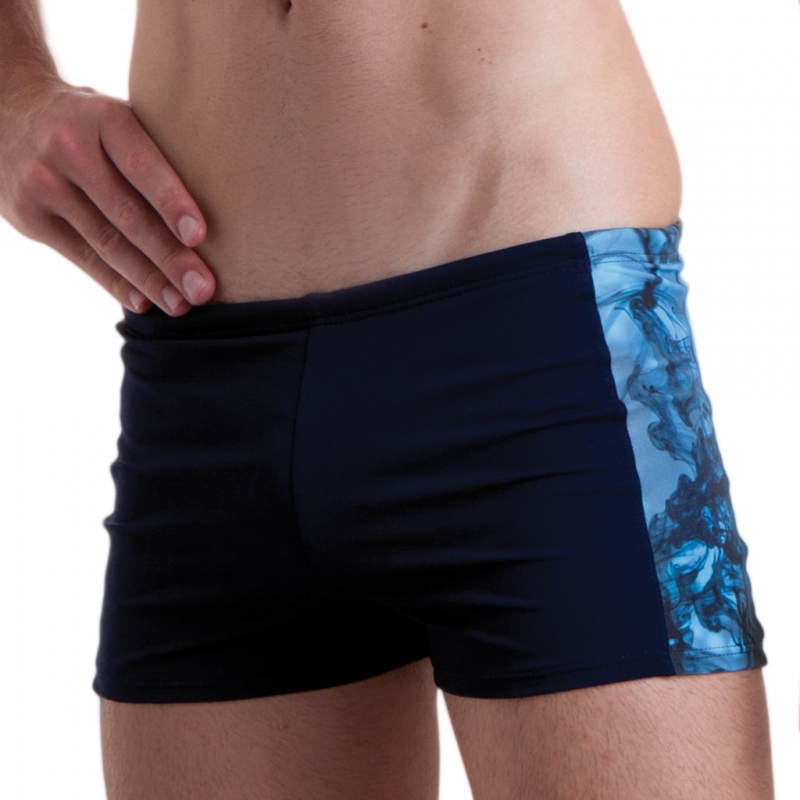 Costume uomo parigamba blu scuro con inserti laterali stampati. Costume uomo parigamba blu scuro con inserti laterali stampati.