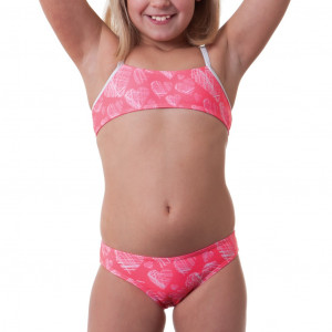 Costume due pezzi per bambina ideale per la piscina e la spiaggia. Top a fascia con spalline a contr