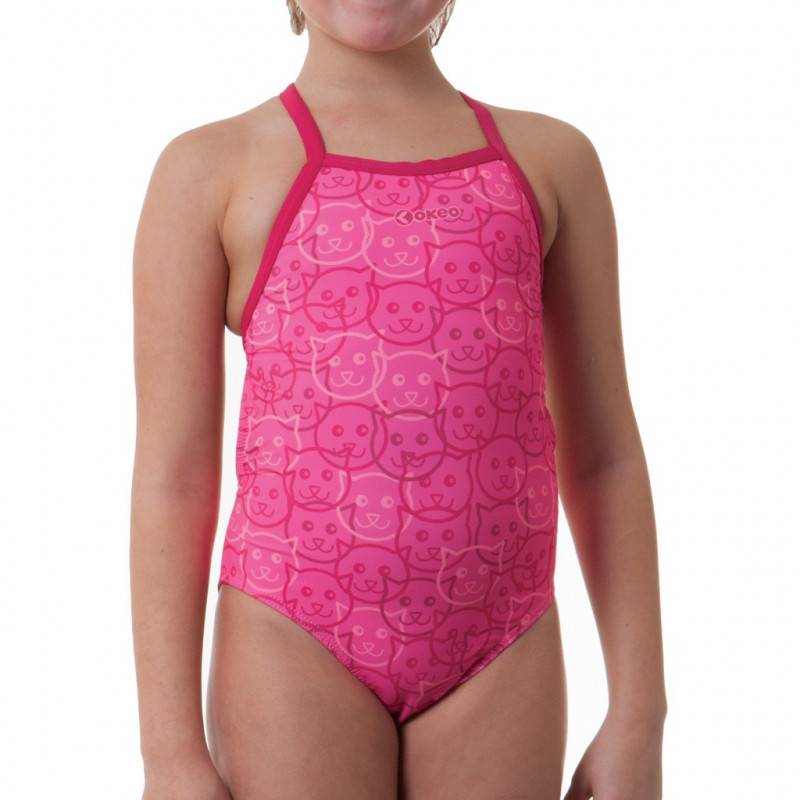 Costume intero da bambina per il nuoto nei tono del rosa con stampa gattini tono su tono. Costume intero da bambina per il nuoto nei tono del rosa con stampa gattini tono su tono.