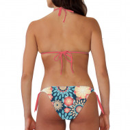Costume bikini donna per la spiaggia con top a triangolo e slip con laccetti laterali. Texture flore