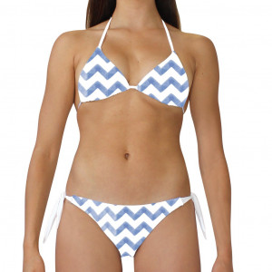 Costume bikini donna per la spiaggia con top a triangolo e slip con laccetti laterali. Texture minim