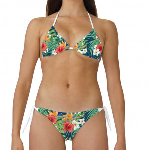 Costume bikini donna per la spiaggia con top a triangolo e slip con laccetti laterali. Texture flore