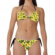 Costume bikini donna per la spiaggia con top a triangolo e slip con laccetti laterali. Base nera con