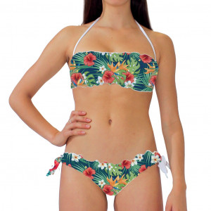 Costume bikini donna per la spiaggia con top a fascia, slip con laccetti laterali e bordature arricc