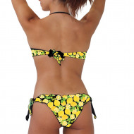 Costume bikini donna per la spiaggia con top a fascia, slip con laccetti laterali e bordature arricc