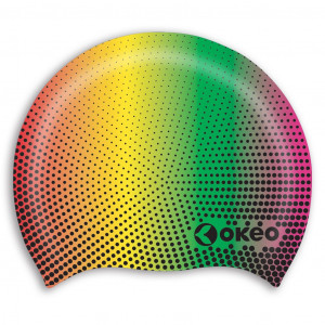 Cuffia nuoto in morbido silicone con una bella sfumatura multicolor e texture optical.