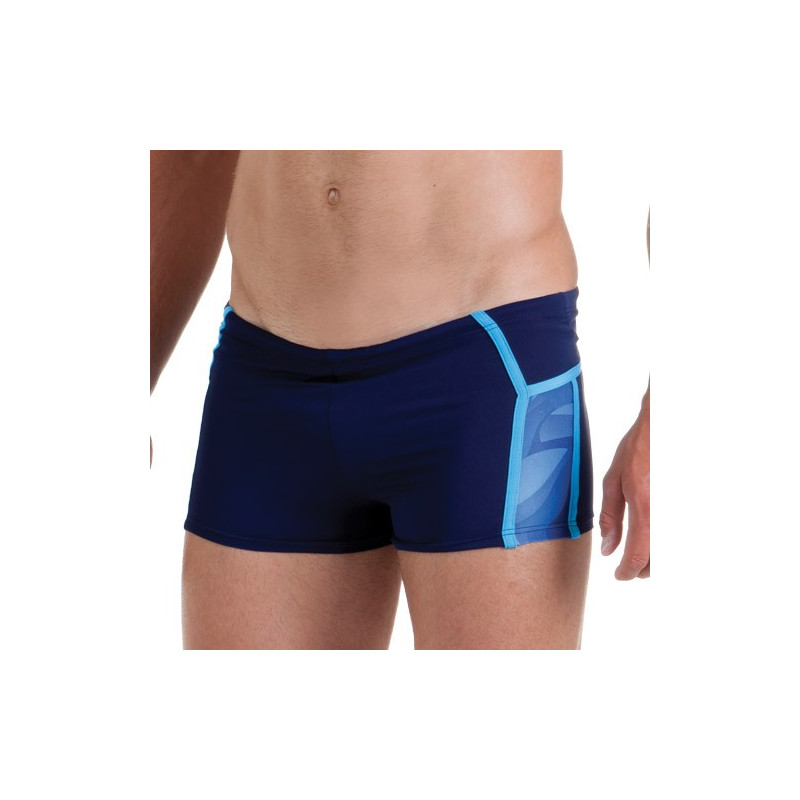 Costume da nuoto parigamba per uomo tinta unita blu scuro con inserti stampati. Costume da nuoto parigamba per uomo tinta unita blu scuro con inserti stampati.