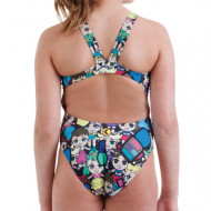 Costume intero per il nuoto da bambina con stampa bambole e trucchi.