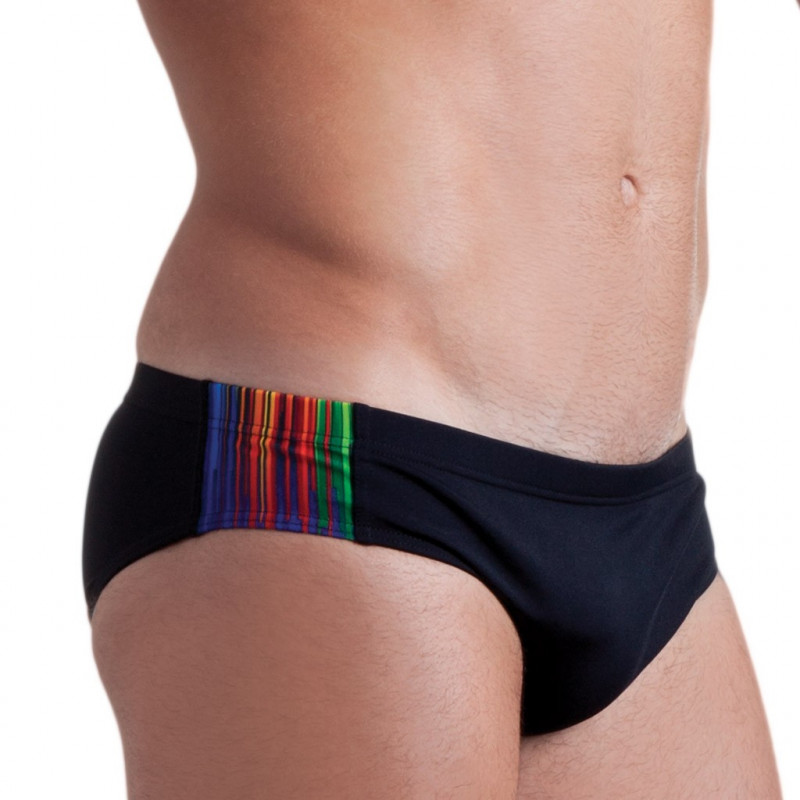 Costume slip da uomo nero con inserto laterale colorato. Costume slip da uomo nero con inserto laterale colorato.